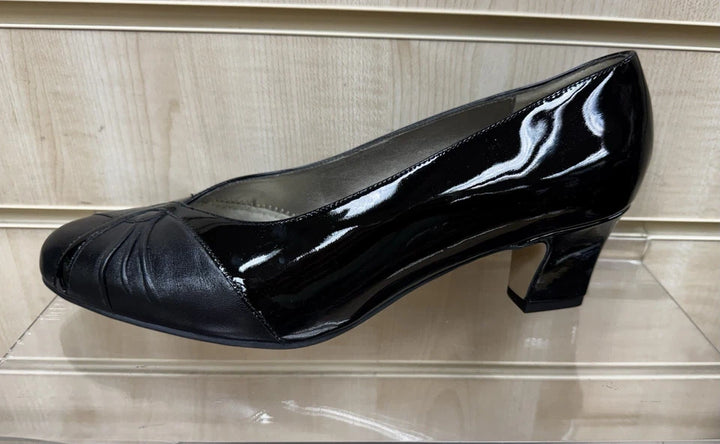 Equity Monique Ladies WIDE E FIT Classc Black Patent Leather Mid Heel Court Shoes Vintage Style