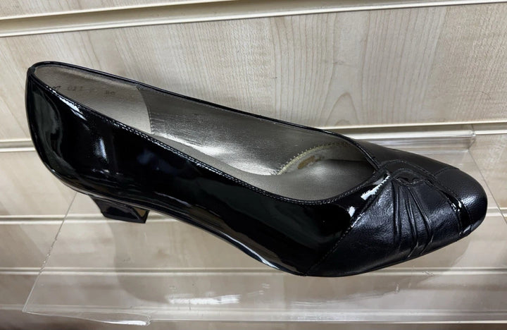 Equity Monique Ladies WIDE E FIT Classc Black Patent Leather Mid Heel Court Shoes Vintage Style
