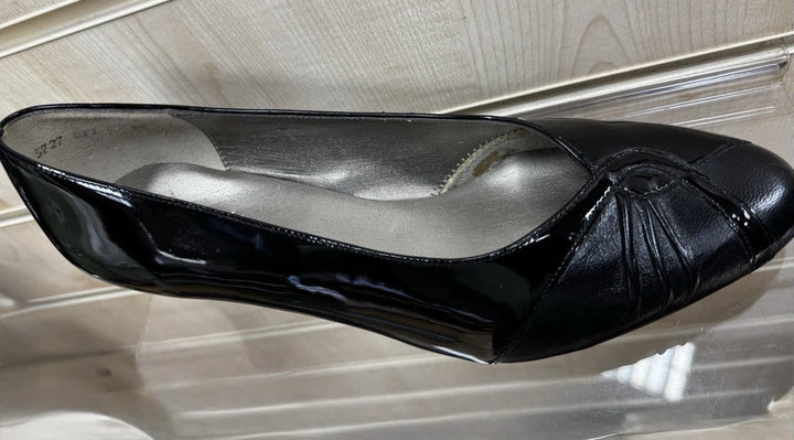 Equity Monique Ladies WIDE E FIT Classc Black Patent Leather Mid Heel Court Shoes Vintage Style