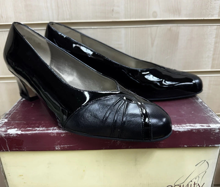 Equity Monique Ladies WIDE E FIT Classc Black Patent Leather Mid Heel Court Shoes Vintage Style