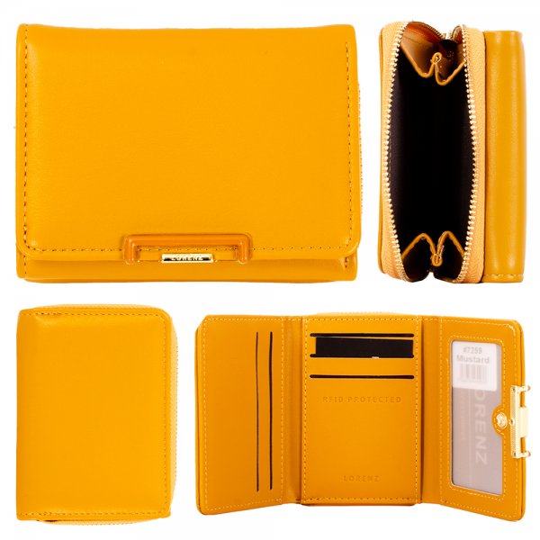 LORENZ LADIES FAUX LEATHER TRIFOLD WALLET PURSE MULTIPLE CARD RFID PROTECTION MUSTARD