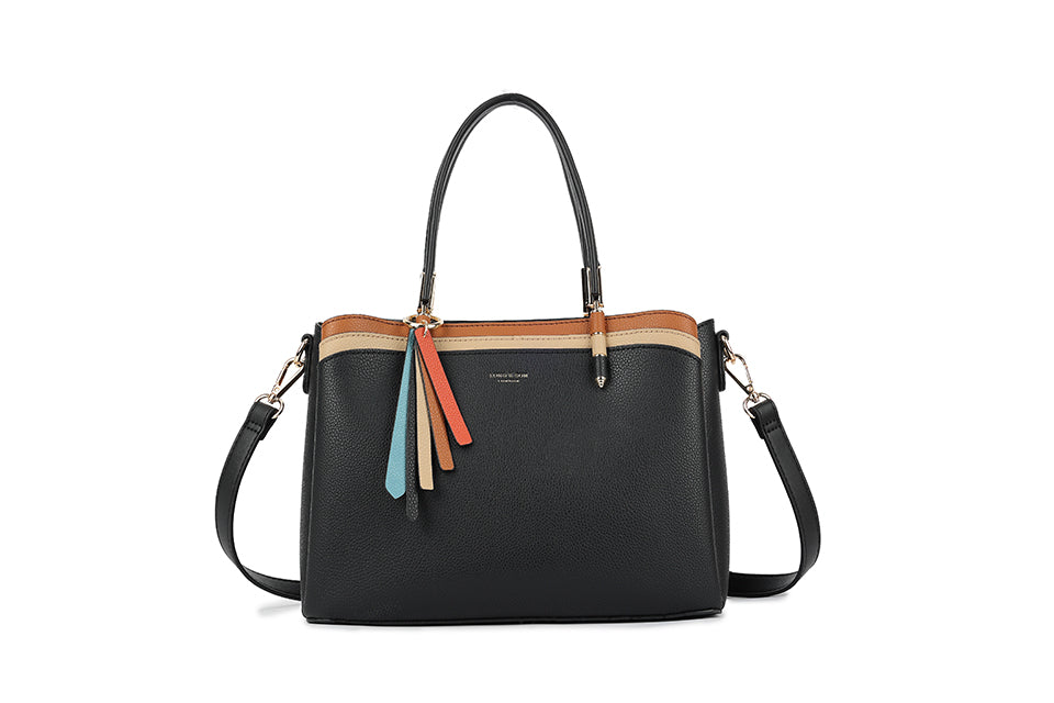 Long & Son Ladies 3 tone Faux Leather Grab Handle Handbag With Detachable Strap Black Combination