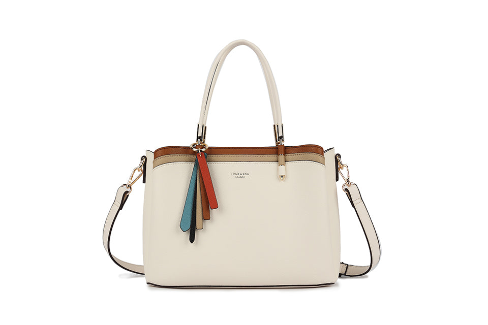 Long & Son Ladies 3 tone Faux Leather Grab Handle Handbag With Detachable Strap Off White Combination