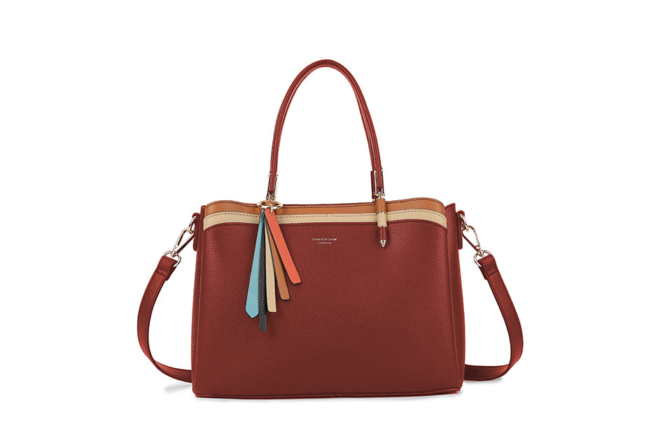 Long & Son Ladies 3 tone Faux Leather Grab Handle Handbag With Detachable Strap Red Combination