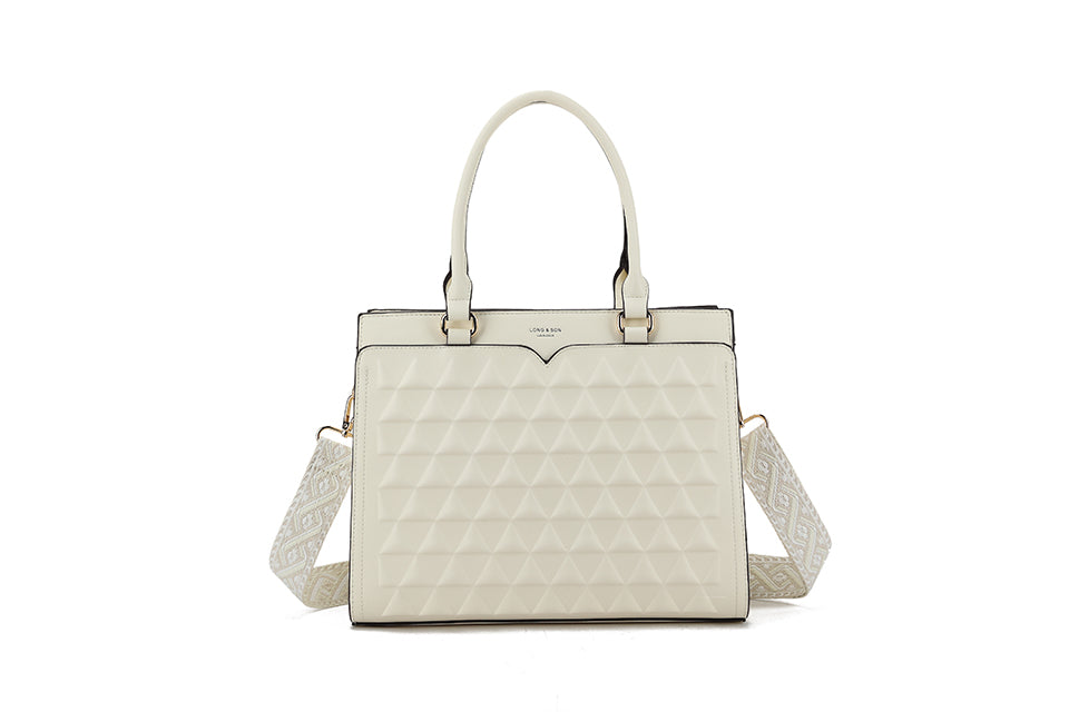 Long & Son Ladies Designer Inspired 3D Effect Large Grab Handle Adjustable Shoulder Strap Handbag Off White