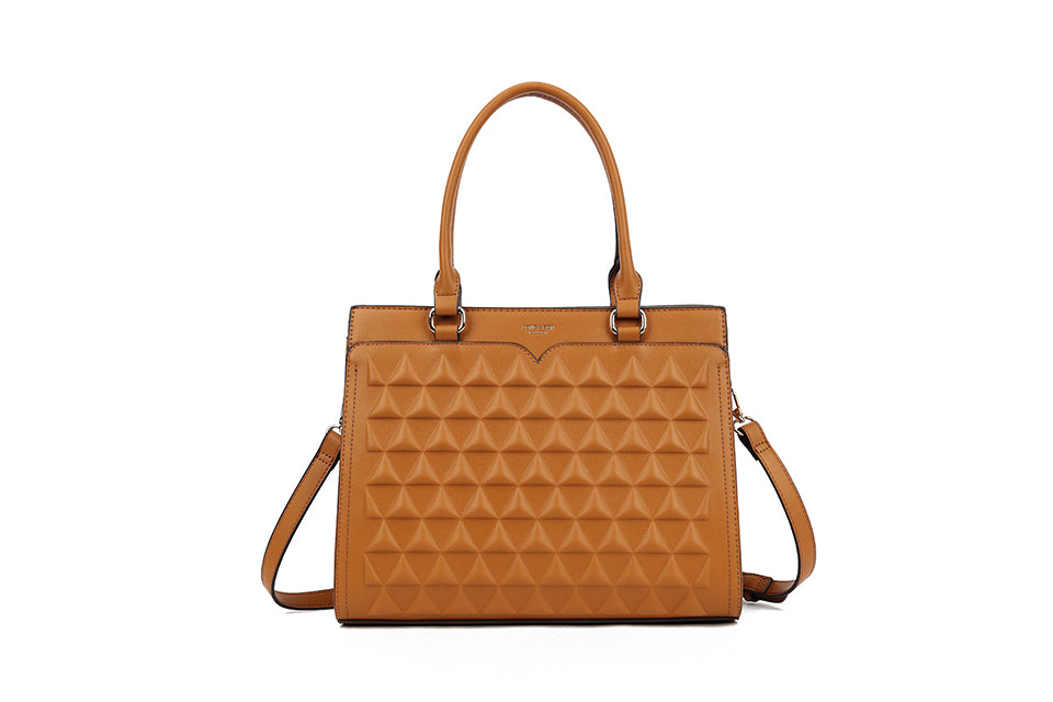 Long & Son Ladies Designer Inspired 3D Effect Large Grab Handle Adjustable Shoulder Strap Handbag Tan