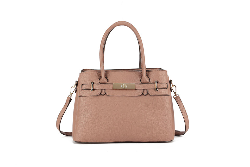Long & Son Designer Inspired Multi Pocket Handbag With Gold Clasp Detail Beige