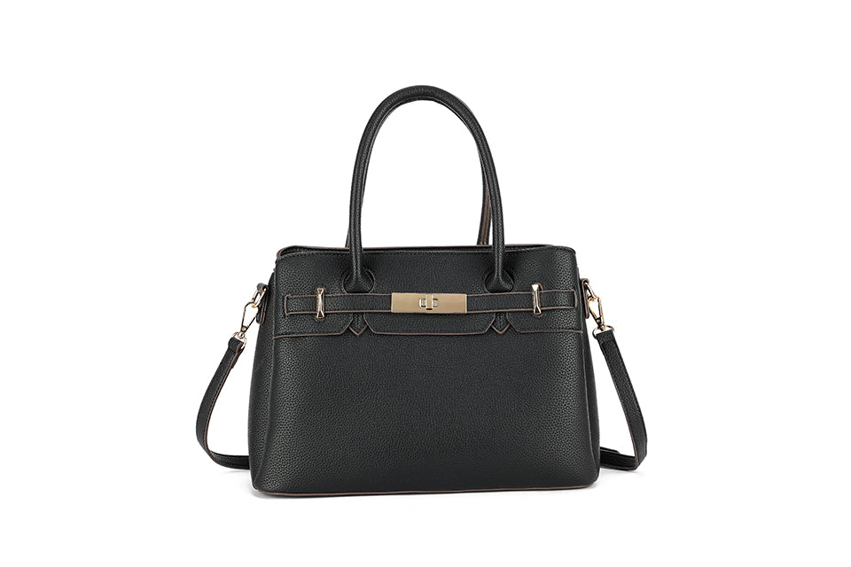 Long & Son Designer Inspired Multi Pocket Handbag With Gold Clasp Detail Black
