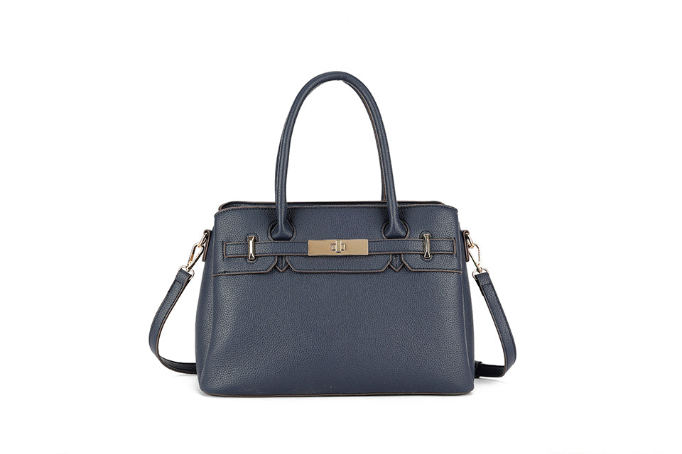 Long & Son Designer Inspired Multi Pocket Handbag With Gold Clasp Detail Navy