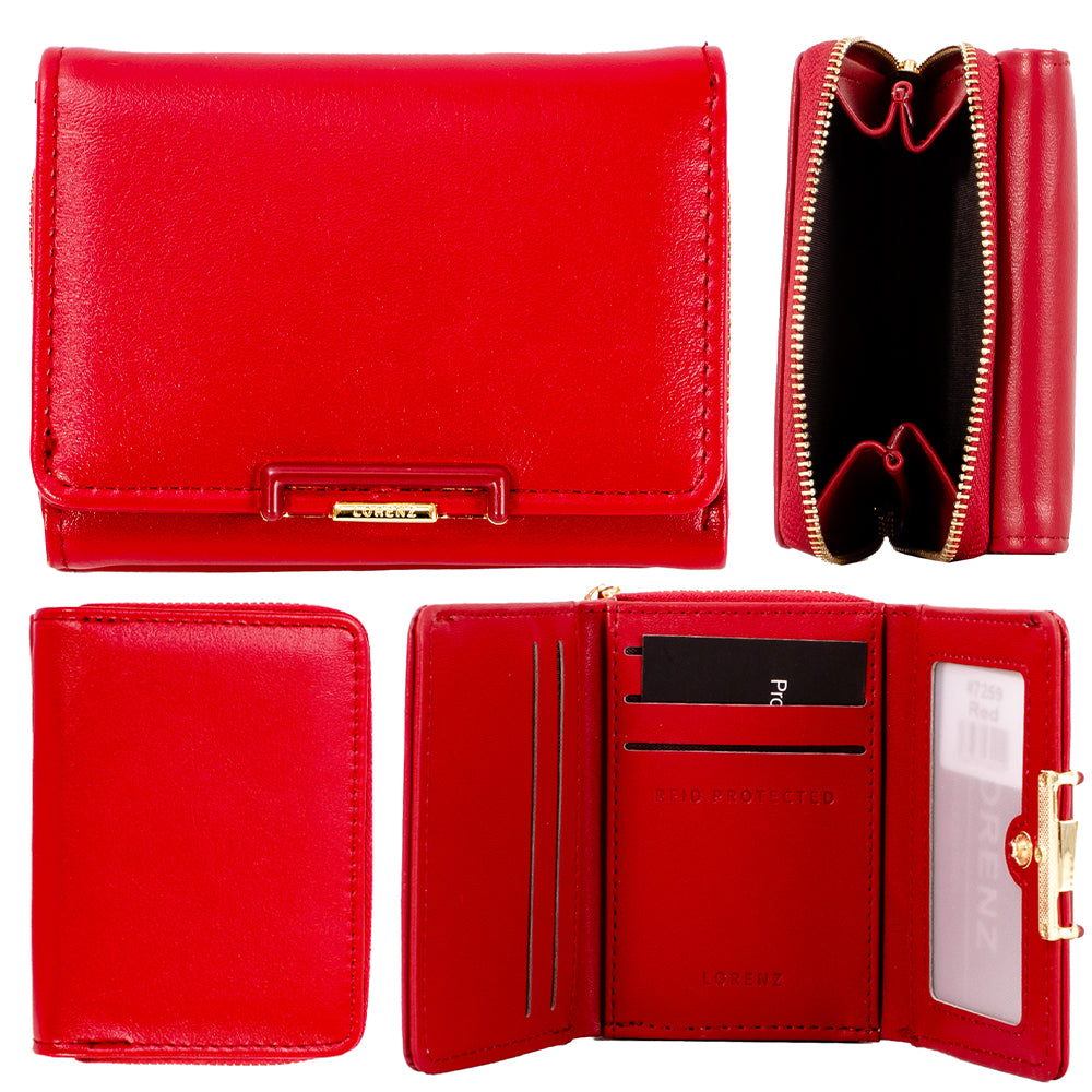 LORENZ LADIES FAUX LEATHER TRIFOLD WALLET PURSE MULTIPLE CARD RFID PROTECTION RED