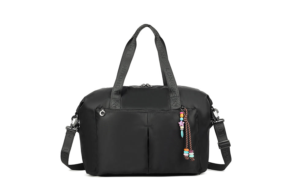 Long & Son Ladies Extra Large Over Night Weekend Fabric Travel Bag Hand Luggage With Beaded Keyring Black