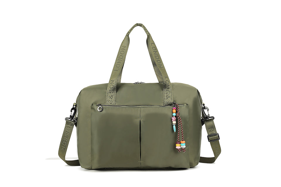 Long & Son Ladies Extra Large Over Night Weekend Fabric Travel Bag Hand Luggage With Beaded Keyring Green