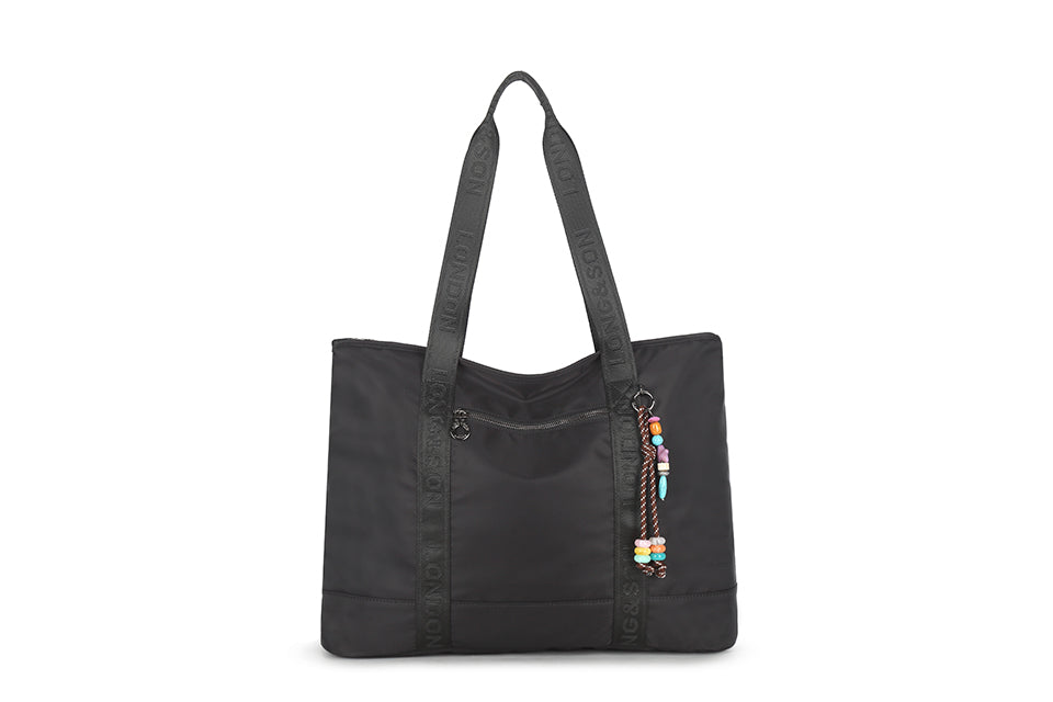 Long & Son Ladies Large Over Night Weekend Fabric Travel Bag Hand Luggage With Beaded Keyring Black