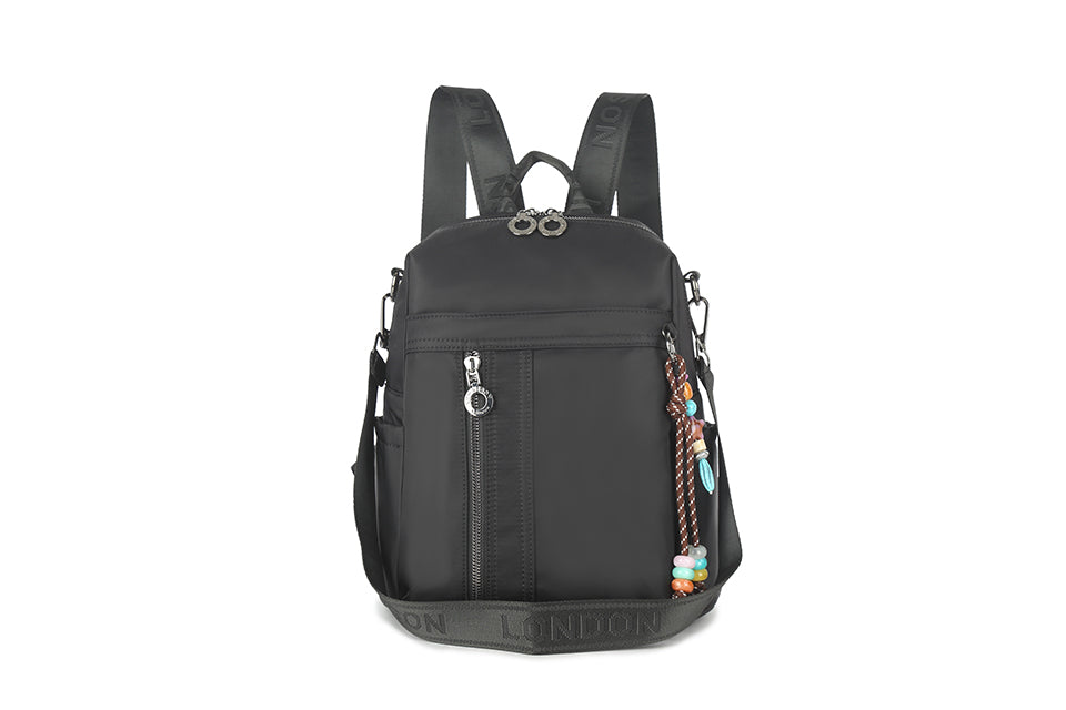 Long & Son Ladies Multi Pocket Fabric Rucksack With Hanging Loop & Detachable Shoulder Strap Black