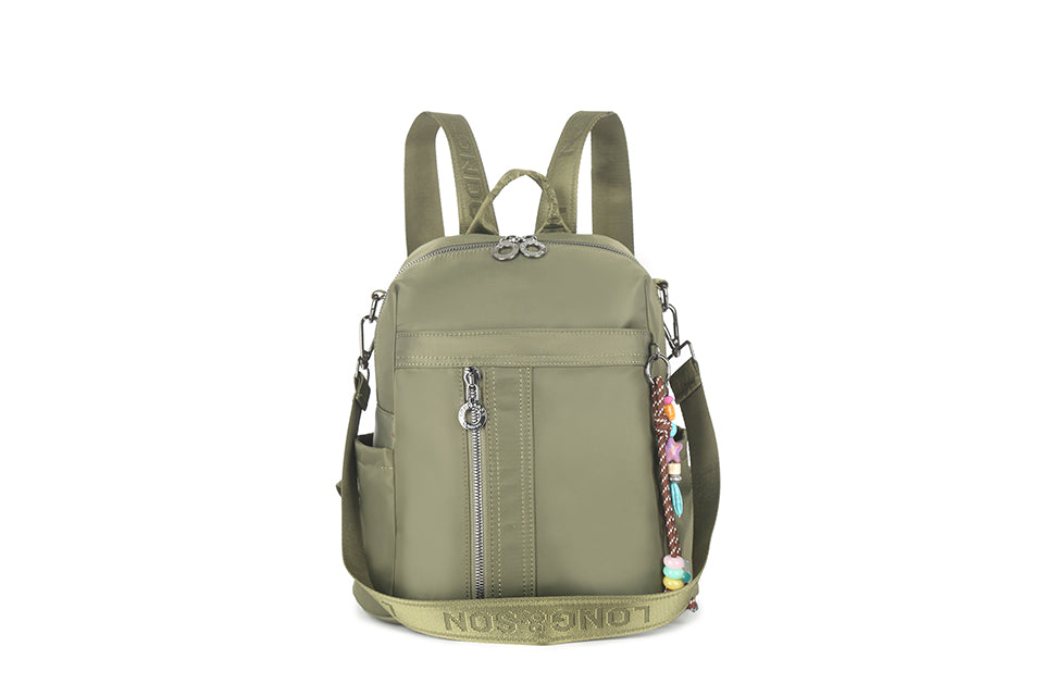 Long & Son Ladies Multi Pocket Fabric Rucksack With Hanging Loop & Detachable Shoulder Strap Green