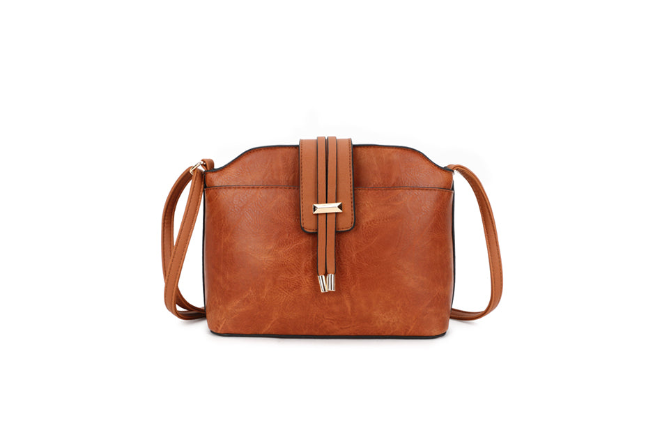 Long & Son Ladies Crossbody Arch Shaped Handbag With Gold Tassel Detail Tan