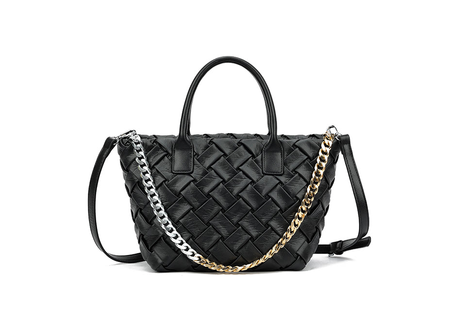 Long & Son Ladies Black Soft Interwoven Basket Effect Grab Handle Handbag With Detachable Strap & Two Tone Chain