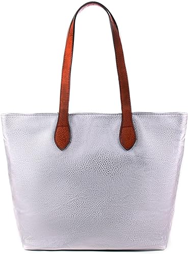 LONG & SON LADIES FAUX LEATHER MEDIUM TOTE SHOULDER/SHOPPING BAG WITH TAN STRAP AND ZIP FASTENING SILVER