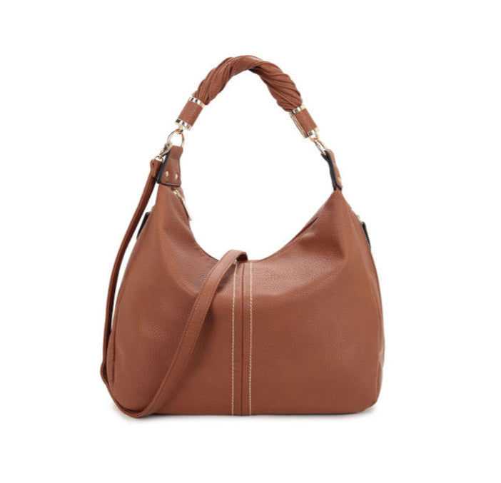 Long & Son Ladies Twisted Handle Effect Shoulder Bag Faux Leather Large Handbag Tan Brown
