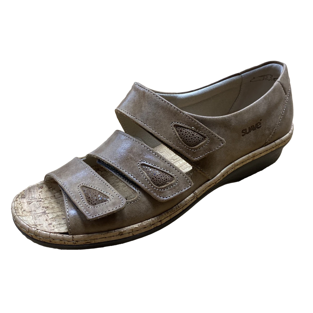 Suave Harriet Ladies Wide E Fit Triple Touch Fasten Back In Tan Leather Sandals With Cork Insoles