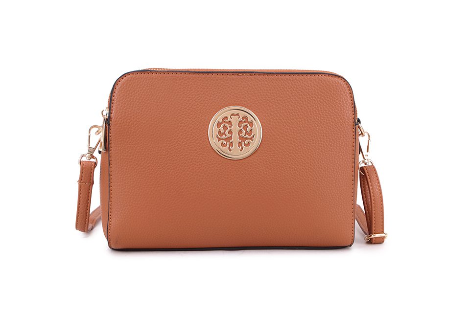 LONG & SON DESIGNER INSPIRED MULTI POCKET CROSS BODY SHOULDER HANDBAG WITH ADJUSTABLE STRAP AND GOLD TREE DETAIL TAN