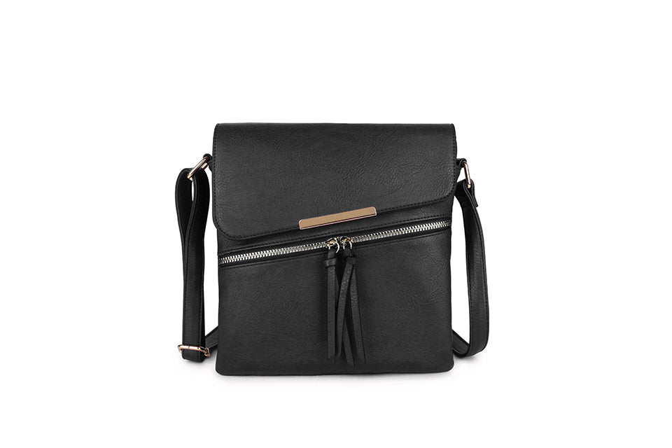 Long & Son London Ladies Asymmetric Zip Crossbody Handbag With Flap & Adjustable Strap Black