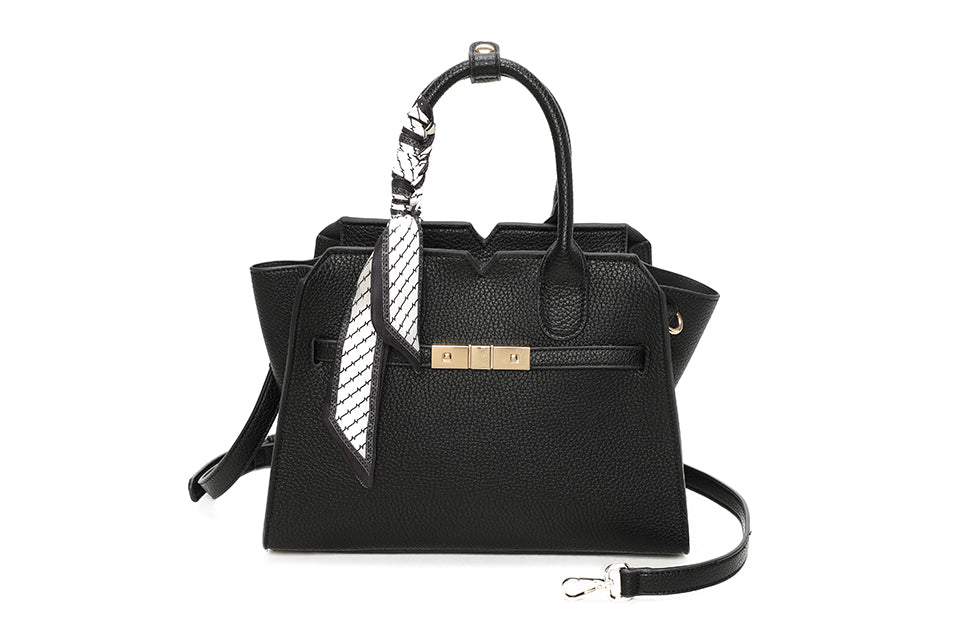 Long & Son Ladies Designer Inspired Black Faux Leather Grab Handle Handbag With Scarf Detail & Detachable Strap
