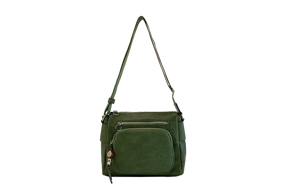 Long & Son Ladies Green Super Soft Shoulder Handbag With Multi Pockets And Adjustable Fabric Strap