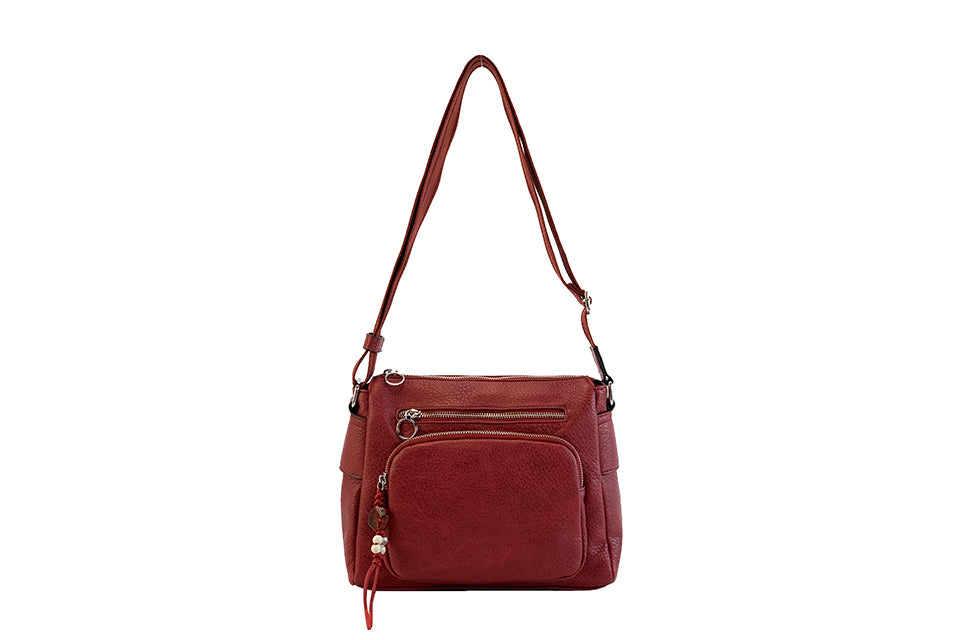 Long & Son Ladies Red Super Soft Shoulder Handbag With Multi Pockets And Adjustable Fabric Strap