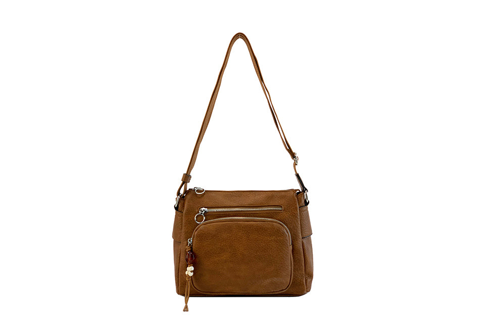 Long & Son Ladies Tan Brown Super Soft Shoulder Handbag With Multi Pockets And Adjustable Fabric Strap