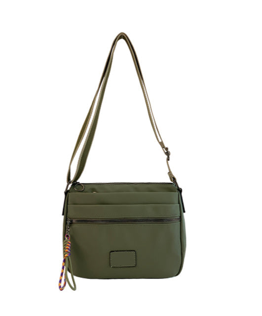 Long & Son Ladies Multi Pocket Light Weight Softee Fabric Shoulder/ Cross Body Handbag Khaki Green
