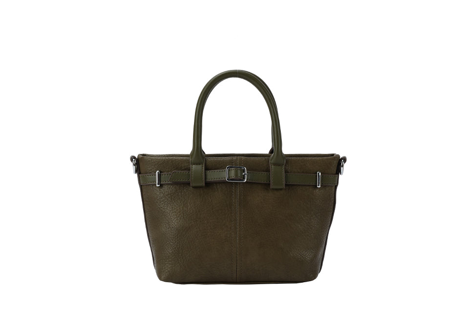 Long & Son Ladies Small Tote Handbag With Grab Handles Buckle Detail Adjustable Strap Dark Green