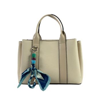 Long & Son Ladies Multi Pocket Grab Handle Handbag With Detachable Strap And Ribbon Accessory Off White