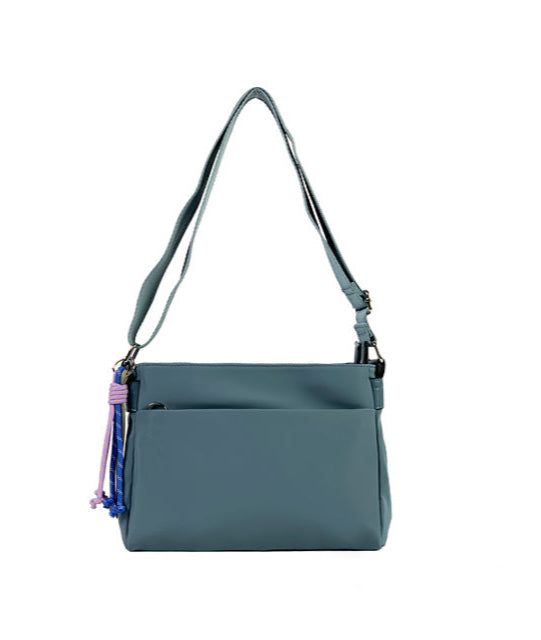 Long & Son Ladies Multi Pocket Light Weight Softee Fabric Shoulder/ Cross Body Handbag Blue