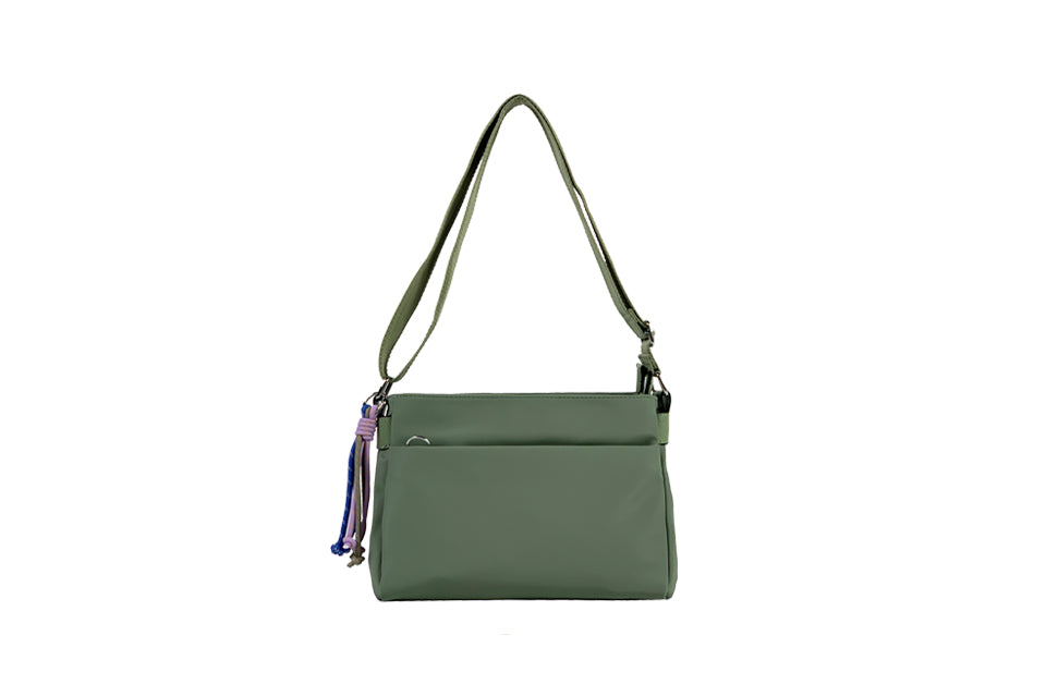 Long & Son Ladies Multi Pocket Light Weight Softee Fabric Shoulder/ Cross Body Handbag Mint Green