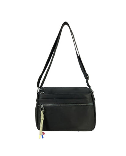 Long & Son Ladies Multi Pocket Light Weight Softee Fabric Shoulder/ Cross Body Handbag Black