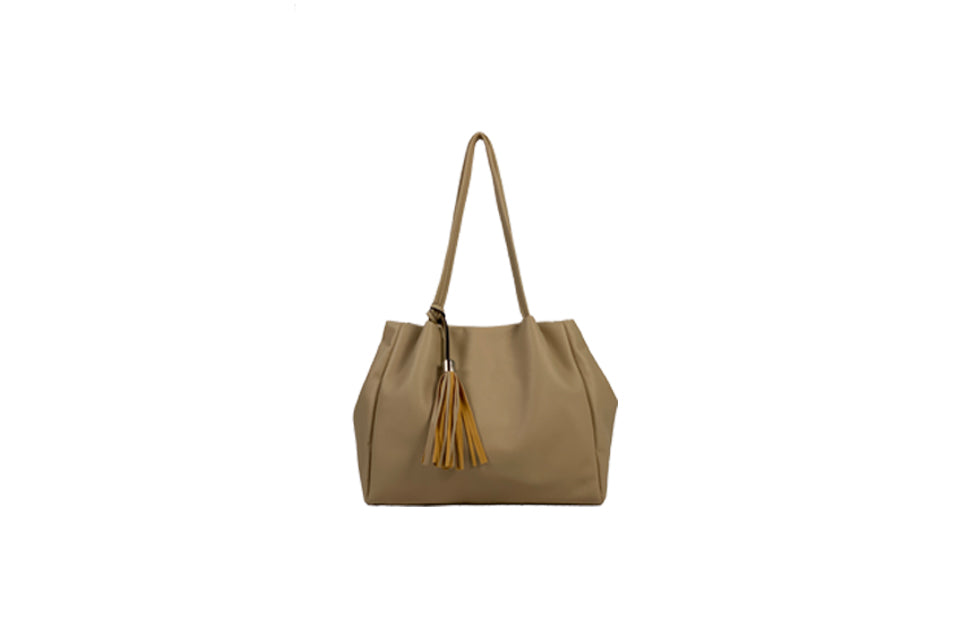 Long & Son Ladies Soft Extendable Large Shoulder Bag With Zip Fasten And Tassel Detail Taupe