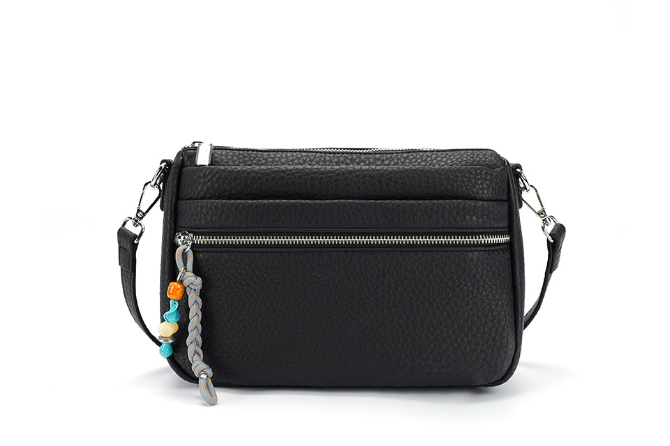 Long & Son Ladies Multi Pocket Cross Body Shoulder Handbag With Bead Trim Black