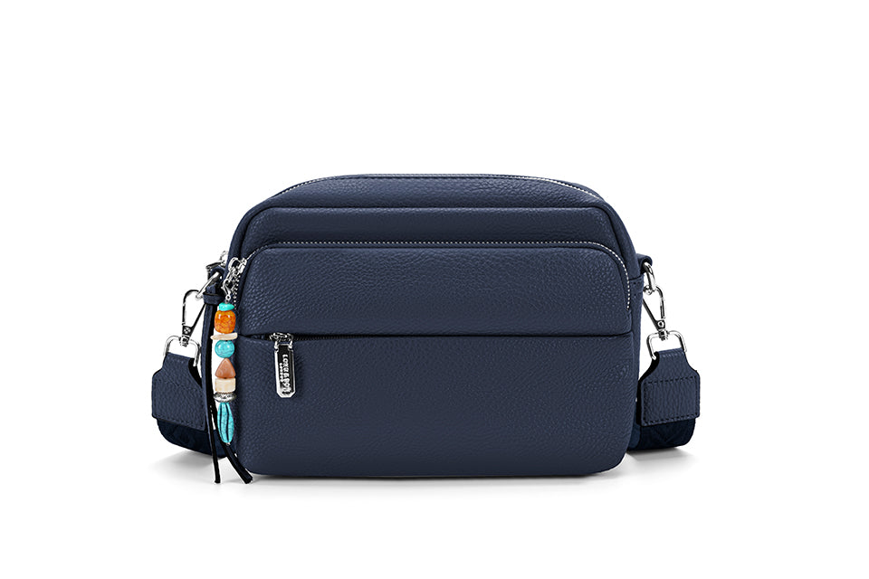 Long & Son Ladies Faux Leather Multi Pocket Handbag With Bead Trim Adjustable Fabric Strap Navy Blue