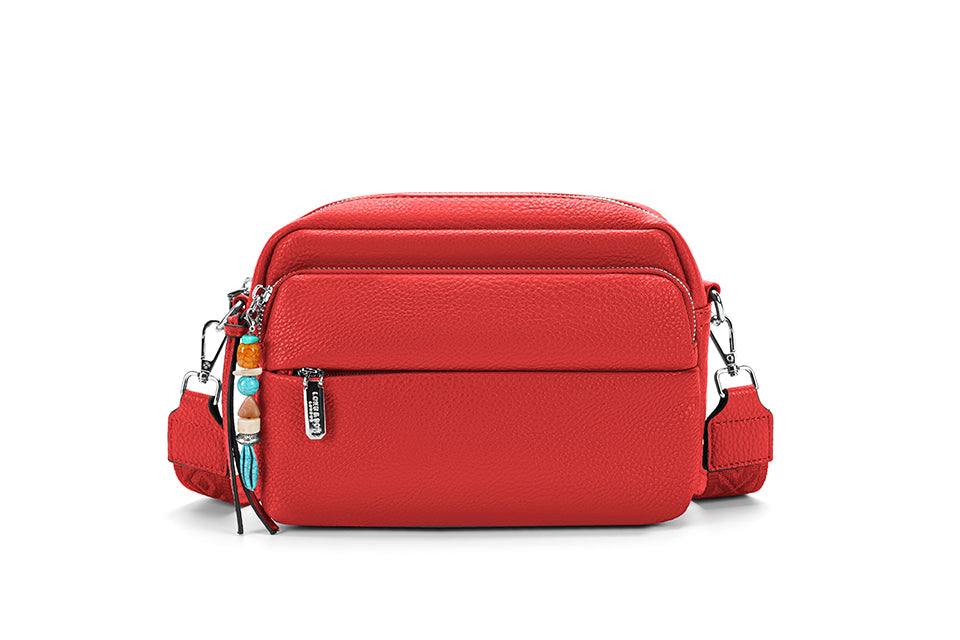 Long & Son Ladies Faux Leather Multi Pocket Handbag With Bead Trim Adjustable Fabric Strap Post box Red
