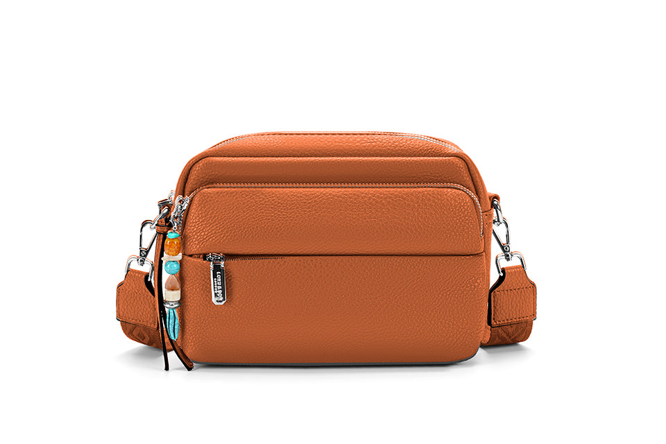 Long & Son Ladies Faux Leather Multi Pocket Handbag With Bead Trim Adjustable Fabric Strap Tan Brown