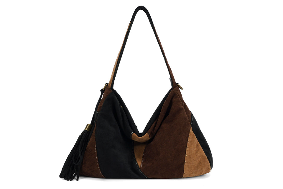 Long & Son Ladies Patchwork Faux Suede Boho Style Slouch Shoulder Handbag With Detachable Strap Black Brown Beige
