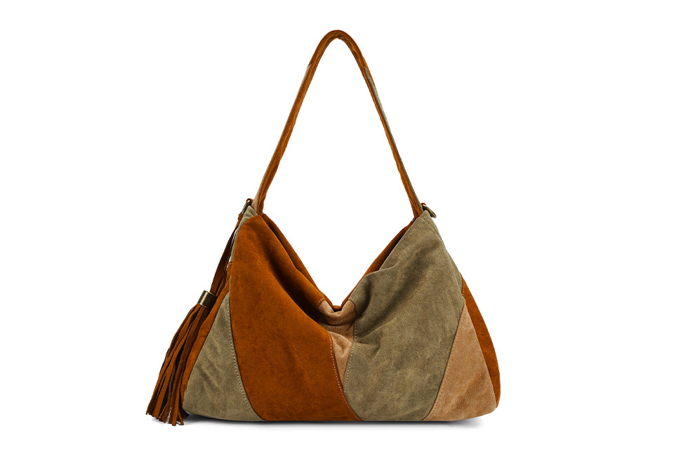 Long & Son Ladies Patchwork Faux Suede Boho Style Slouch Shoulder Handbag With Detachable Strap Tan/Beige/Green