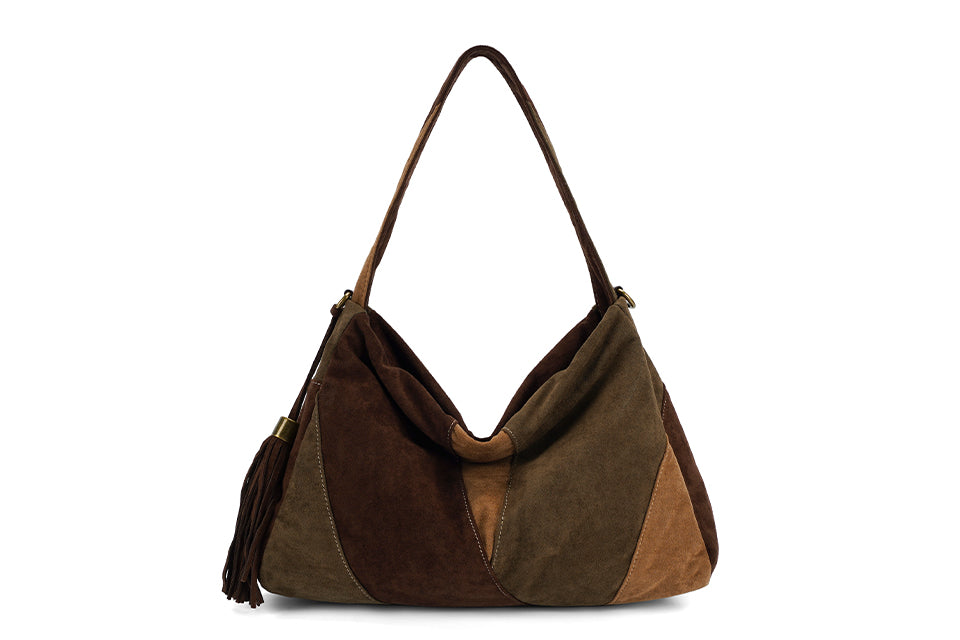 Long & Son Ladies Patchwork Faux Suede Boho Style Slouch Shoulder Handbag With Detachable Strap Coffee Brown /Beige /Green