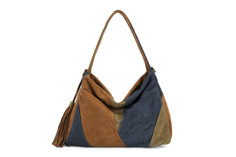 Long & Son Ladies Patchwork Faux Suede Boho Style Slouch Shoulder Handbag With Detachable Strap Denim Blue/ Green/ Taupe