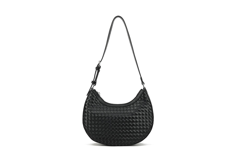 Long & Son Ladies Basket Weave Half Moon Shoulder Bag Handbag With Adjustable Strap Black