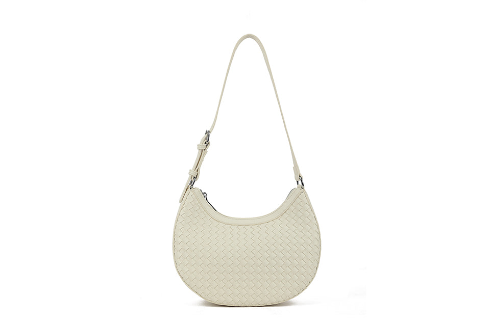Long & Son Ladies Basket Weave Half Moon Shoulder Bag Handbag With Adjustable Strap Off White