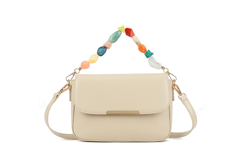 Long & Son Ladies Clutch Handbag With Beaded Grab Handle / Faux Leather Crossbody Strap Beige