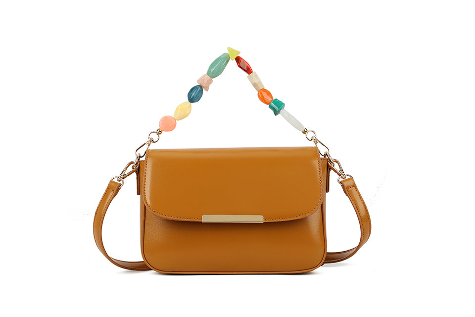 Long & Son Ladies Clutch Handbag With Beaded Grab Handle / Faux Leather Crossbody Strap Tan