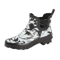 Urban Jacks Ambleside Ladies Black And White Floral Design Waterproof Ankle Height Short Wellington Boots